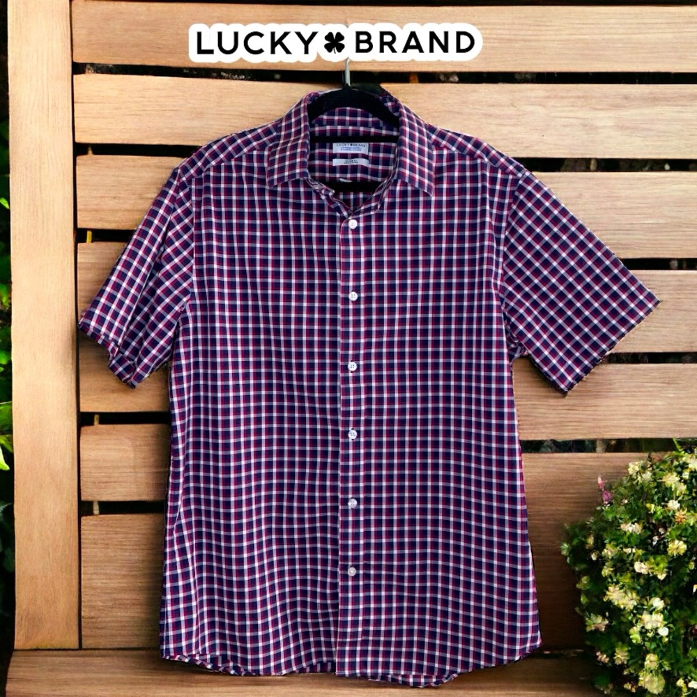 LUCKY BRAND Short Sleeve Plaid Button Down- Medium 15-15.5